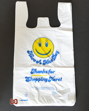 12 x 7 x 23 White High Density T-Shirt Bags with Smiley Face Message  .5 mil 1000 / Case